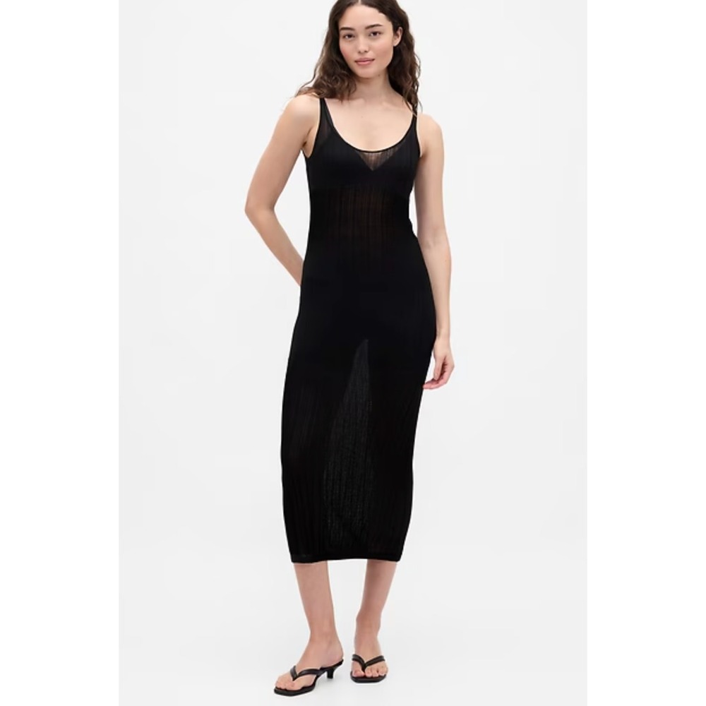 NEW Gap x Beis Sheer Ribbed Black Midi Dress Lightweight Stretch Bodycon XXS
